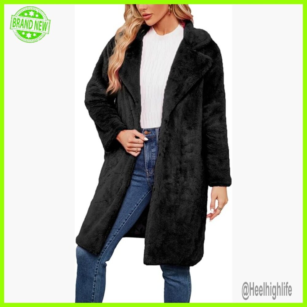 Long Faux Fur Coat with Lapel Collar and Pockets for Winter